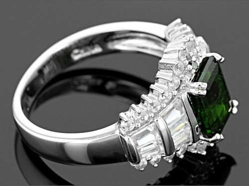 1.76ctw Emerald Cut Chrome Diopside, .02ctw 2 Green Diamond Accent, 1.53ctw White Zircon Silver Ring - Size 12