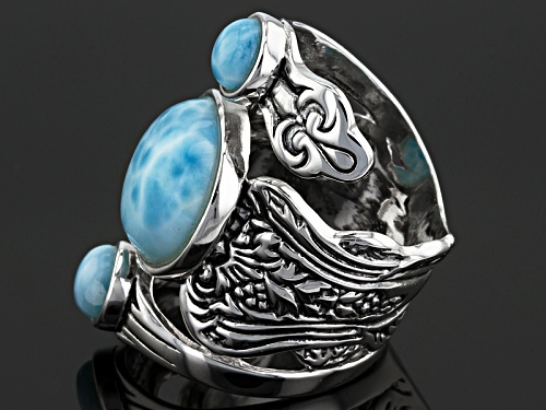 5mm And 12mm Round Larimar Sterling Silver Three Stone Ring - Size 5