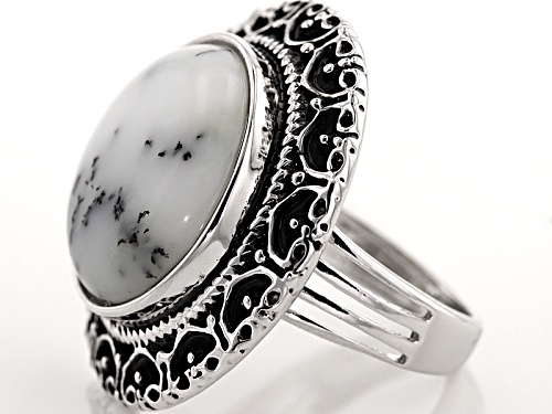 16mm Round Cabochon Dendritic Opal Sterling Silver Solitaire Ring - Size 5
