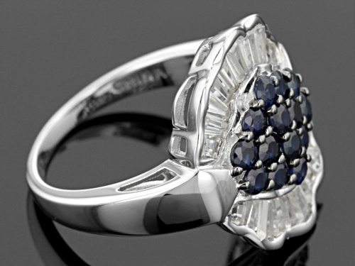 1.00ctw Round Blue Kanchanaburi Sapphire With 1.17ctw Baguette White Zircon Sterling Silver Ring - Size 6