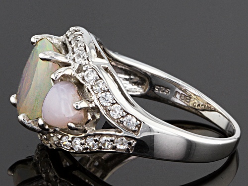 .95ct Cushion Ethiopian Opal, 5mm Trillion Peruvian Pink Opal And .59ctw White Zircon Silver Ring - Size 7