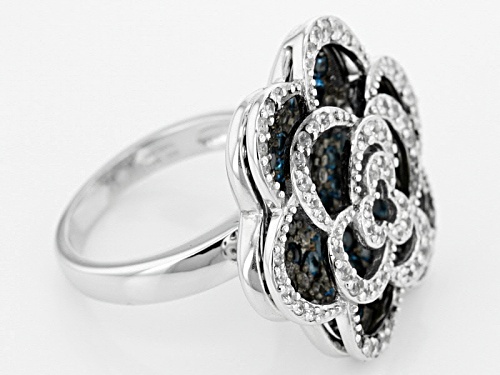 2.00ctw Round London Blue Topaz With .74ctw Round White Zircon Sterling Silver Floral Ring - Size 7
