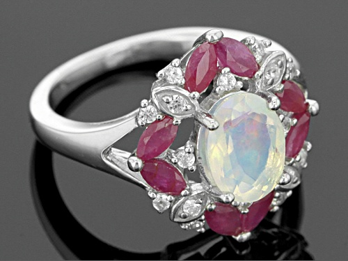.54ct Oval Ethiopian Opal, .81ctw Marquise Ruby And .12ctw Round White Zircon Sterling Silver Ring - Size 9