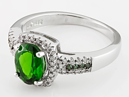 1.10ct Oval Russian Chrome Diopside, .25ctw White Zircon And .03ctw Green Diamond Accent Silver Ring - Size 12