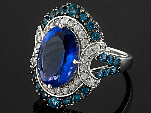 7.00ct Color Change Blue Fluorite With .90ctw London Blue Topaz And .51ctw White Zircon Silver Ring - Size 5