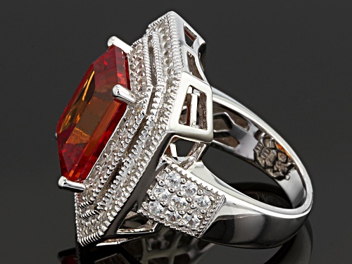 5.22ct Emerald Cut Lab Created Padparadscha Sapphire With .81ctw Round White Zircon Silver Ring - Size 5