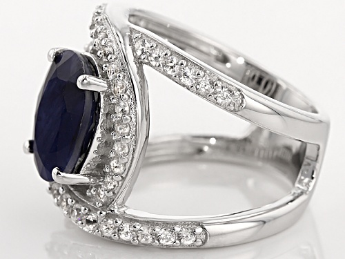 3.40ct Oval Blue Sapphire With .86ctw Round White Zircon Rhodium Over Sterling Silver Ring - Size 9