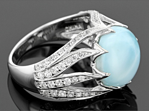12mm Round Cabochon Larimar And .91ctw Round White Zircon Sterling Silver Ring - Size 6