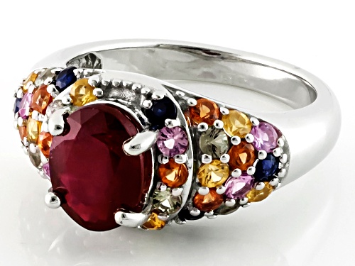 2.98ct Oval Mahaleo®Ruby With 1.46ctw Round Multi Sapphire Sterling Silver Ring - Size 9