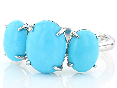 10x8mm & 8x6mm Oval Cabochon Sleeping Beauty Turquoise Rhodium over 10k White Gold 3-Stone Ring - Size 6