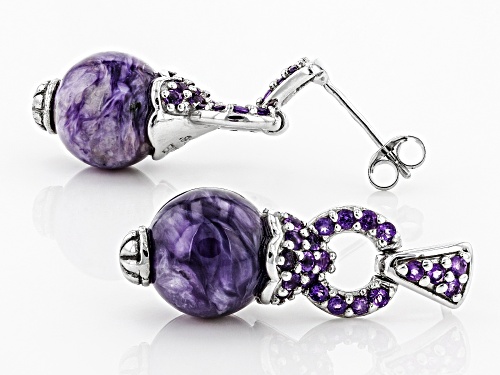 10MM ROUND CHAROITE BEAD WITH .59CTW ROUND AFRICAN AMETHYST RHODIUM OVER SILVER EARRINGS