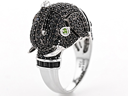 3.22ctw Baguette & Round Black Spinel with .02ctw Chrome Diopside Rhodium Over Silver Elephant Ring - Size 7