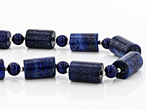 6mm Round & 15x10mm Barrel Shape Lapis Lazuli Sterling Silver Bead Necklace - Size 20