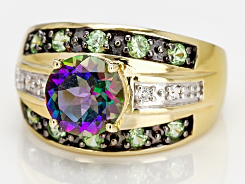 2.20ct Mystic Fire® Green Topaz with .50ctw Tsavorite & .08ctw White Topaz 18k Gold Over Silver Ring - Size 7