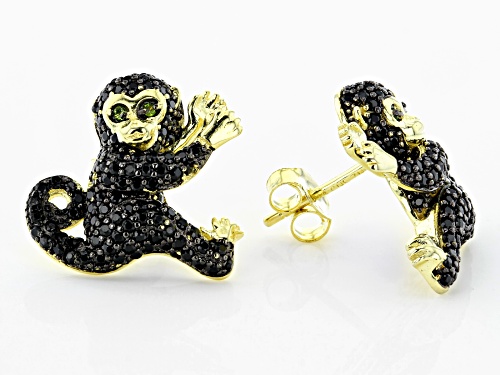 1.25ctw Round Black Spinel & .02ctw Chrome Diopside 18k Gold Over Silver Monkey Earrings