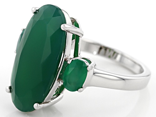 20x10mm and 6x4mm oval green onyx rhodium over sterling silver 3-stone ring - Size 7
