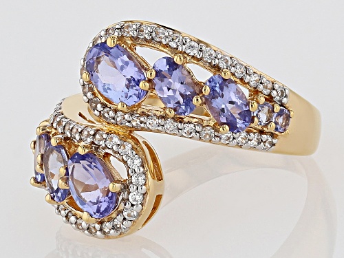 1.68CTW OVAL AND ROUND TANZANITE WITH .43CTW WHITE ZIRCON 18K YELLOW GOLD OVER SILVER BYPASS RING - Size 7