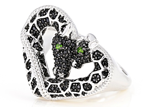 .78ctw Black Spinel & .03ctw Chrome Diopside Rhodium Over Silver Mother & Child Giraffe Heart Ring - Size 7