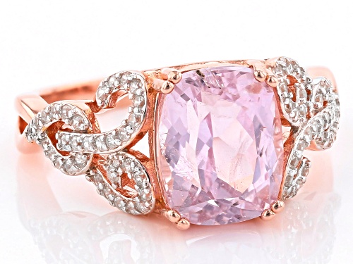 3.08CT RECTANGULAR CUSHION KUNZITE WITH .39CTW ROUND WHITE ZIRCON 18K ROSE GOLD OVER SILVER RING - Size 8