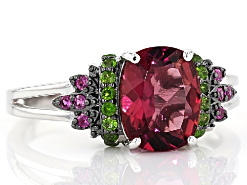 1.60ctw Lab Created Bixbite, Lab Created Ruby & Russian Chrome Diopside Rhodium Over Silver Ring - Size 7