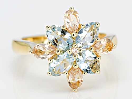 1.25ctw Oval Aquamarine, .51ctw Pear Shape Morganite & .01ct White Zircon 18k Gold Over Silver Ring - Size 9