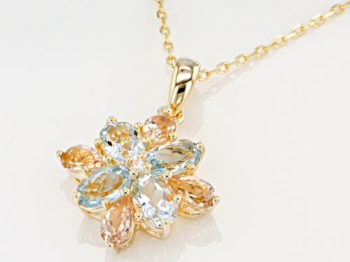 1.25ctw Oval Aquamarine, .51ctw Morganite & White Zircon 18k Gold Over Silver Flower Pendant W/Chain