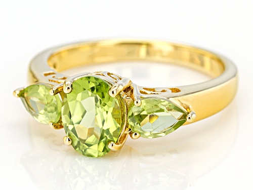 1.90CTW OVAL AND PEAR SHAPE MANCHURIAN PERIDOT(TM) 18K GOLD OVER SILVER 3-STONE RING - Size 8