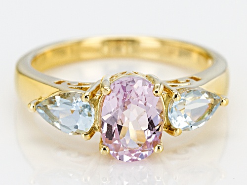 1.47ct Oval Kunzite with .59ctw Pear Shape Aquamarine 18k Gold Over Sterling Silver 3-Stone Ring - Size 7