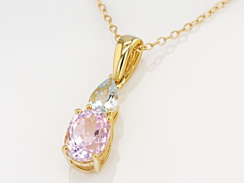 1.47ct Oval Kunzite with .29ct Pear Shape Aquamarine 18k Gold over Sterling Silver Pendant w/Chain