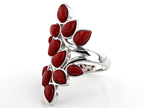 6x4mm & 5x3mm Pear Shape Red Coral Rhodium Over Sterling Silver Bypass Ring - Size 7