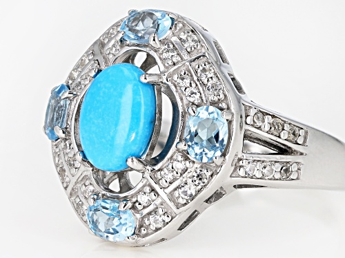 Sleeping Beauty Turquoise, .57ctw Swiss Blue Topaz & .22ctw White Zircon Rhodium Over Silver Ring - Size 9