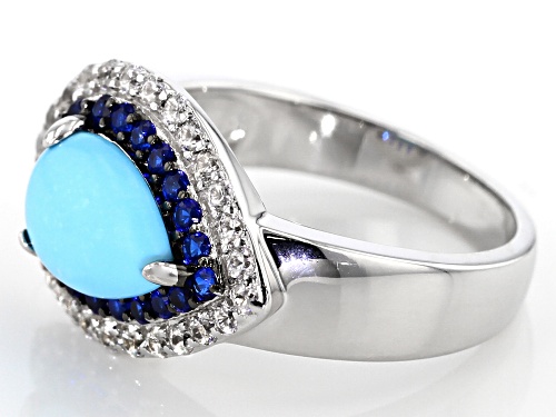 10X7MM SLEEPING BEAUTY TURQUOISE, 1.17CTW LAB BLUE SPINEL AND WHITE ZIRCON RHODIUM OVER SILVER RING - Size 8
