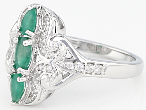 .74CTW OVAL AND PEAR SHAPE ZAMBIAN EMERALD WITH .30CTW WHITE ZIRCON RHODIUM OVER  SILVER RING - Size 9