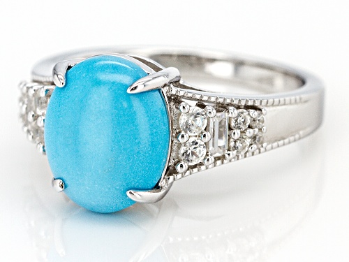 11x9mm Oval Sleeping Beauty Turquoise & .33ctw White Zircon Rhodium Over Silver Ring - Size 9