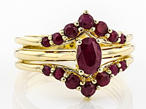 1.62CTW OVAL AND ROUND BURMESE RUBY 18K YELLOW GOLD OVER STERLING SILVER SET OF 3 STACKABLE RINGS - Size 9