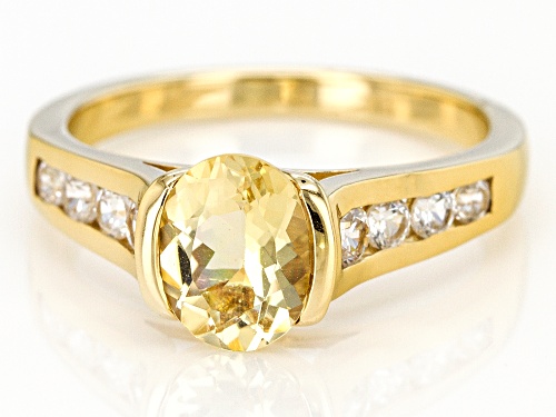 .90CT OVAL YELLOW BERYL WITH .49CTW ROUND WHITE ZIRCON 18K YELLOW GOLD OVER STERLING SILVER RING - Size 8