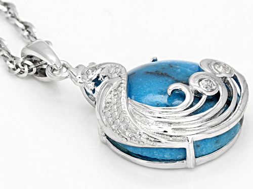15mm Round Turquoise & .02ctw Round White Zircon Rhodium Over Silver Peacock Pendant With Chain