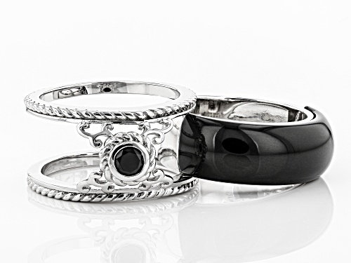 Free-Form Black Onyx Band with .25ct Round Black Spinel Enhancer Rhodium Over Silver 2-Ring Set