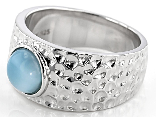 7mm Round Larimar Cabochon Rhodium Over Sterling Silver Hammered Finish Band Ring - Size 7