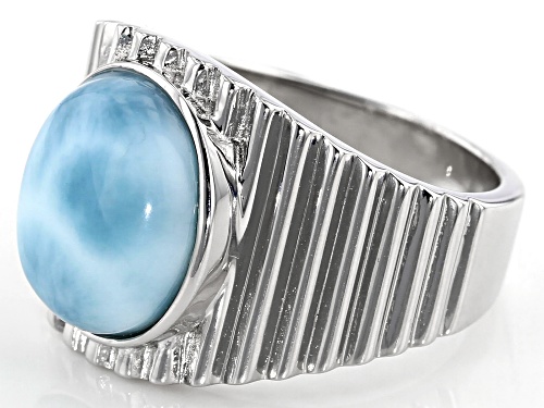12x10mm Round Cabochon Larimar Solitaire Rhodium Over Sterling Silver Textured Ring - Size 7