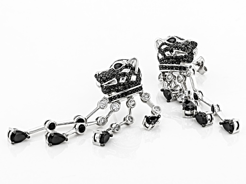 4.50ctw black spinel with .54ctw white zircon, rhodium over silver panther head dangle earrings