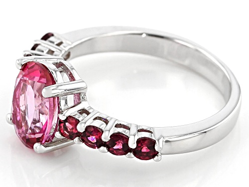 1.70ct Oval Pink Topaz With .60ctw Round  Raspberry Color Rhodolite Rhodium Over Silver Ring - Size 8