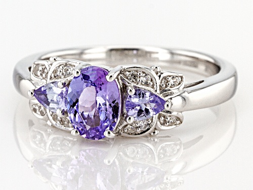 .92CTW OVAL AND PEAR SHAPE TANZANITE WITH .07CTW WHITE ZIRCON RHODIUM OVER STERLING SILVER RING - Size 9