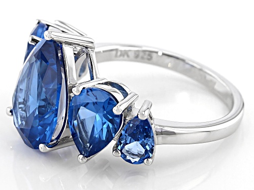 6.80ctw Pear Shape Lab Created Blue Spinel Rhodium Over Sterling Silver 5-Stone Ring - Size 7
