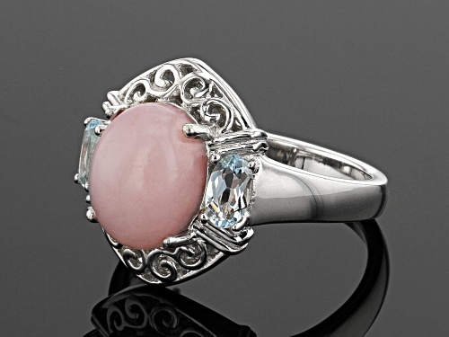 10X8MM OVAL PERUVIAN PINK OPAL WITH .46CTW GLACIER TOPAZ(TM) RHODIUM OVER SILVER RING - Size 9
