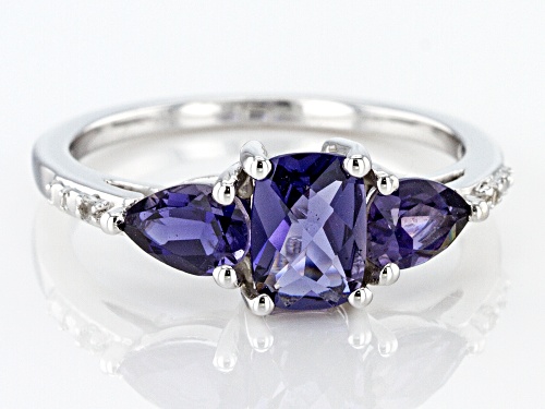 1.25ctw Cushion and Pear Shape Iolite, with .02ctw White Topaz Rhodium Over Silver 3-Stone Ring - Size 7