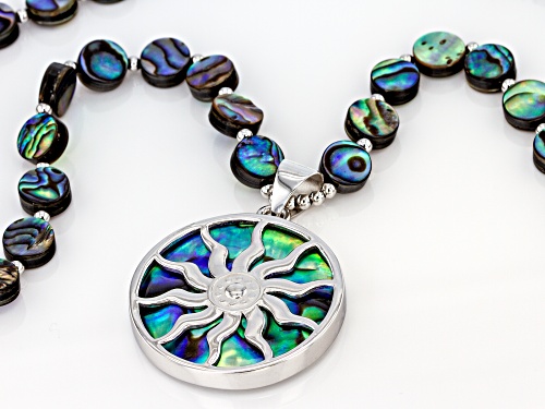 6mm & 28mm Round Abalone Shell Slice, Sun Burst Design Pendant Silver Bead Necklace - Size 20