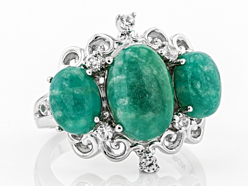Oval Amazonite with .27ctw Round White Zircon Rhodium Over Sterling Silver Ring - Size 7