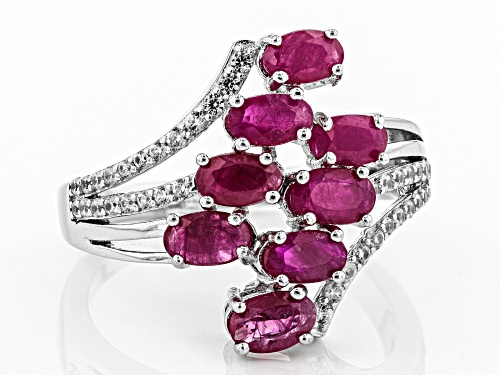 1.71ctw Oval Burmese Ruby & .24ctw Round White Zircon Rhodium Over Sterling Silver Bypass Ring - Size 7