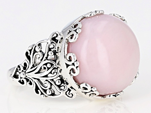 15mm round Peruvian pink opal solitaire, rhodium over sterling silver ring - Size 7